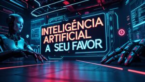 Imagem gerada por inteligência artificial, mostra a escrita "inteligência artificial a seu favor", com elementos cyberpunk.