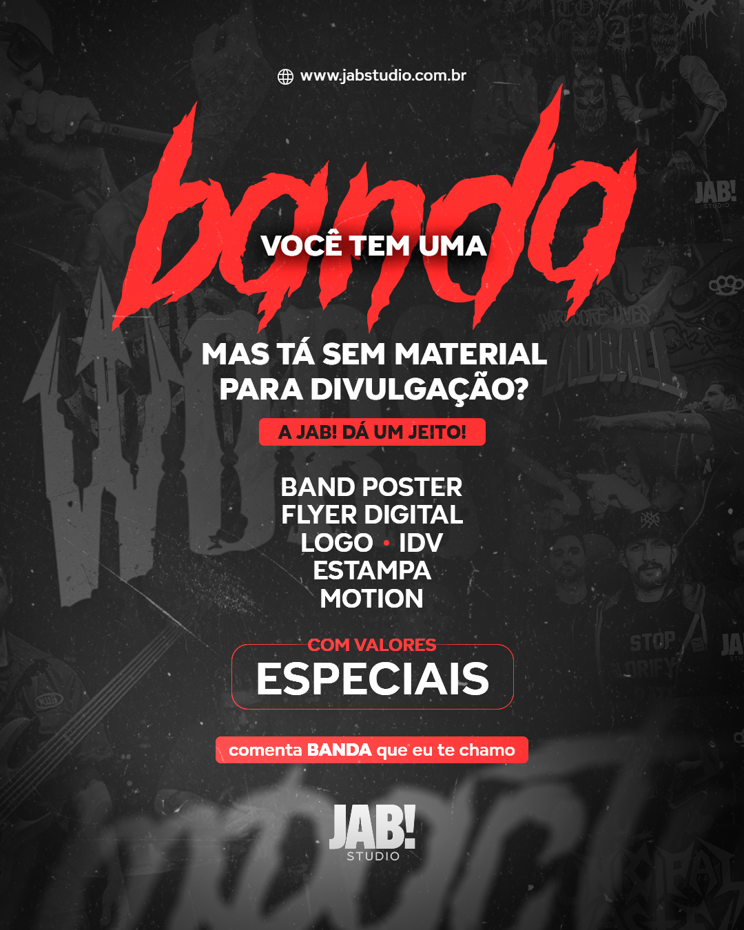 Imagem de anúncio sobre os serviços da JAB! Studio.
